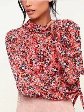 Free People All Dolled Up Sheer Red key hole Mock Neck Crop Blouse XS